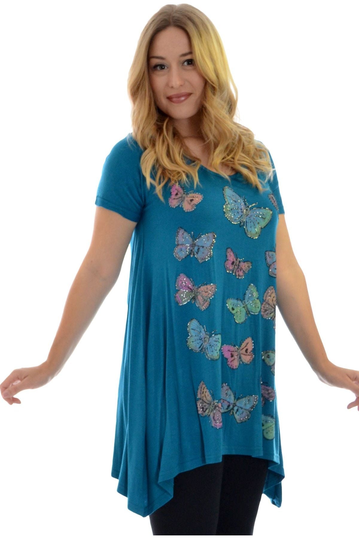 Butterfly Hanky Hem Short Sleeve Top Apparel & Accessories WearAll Teal 14