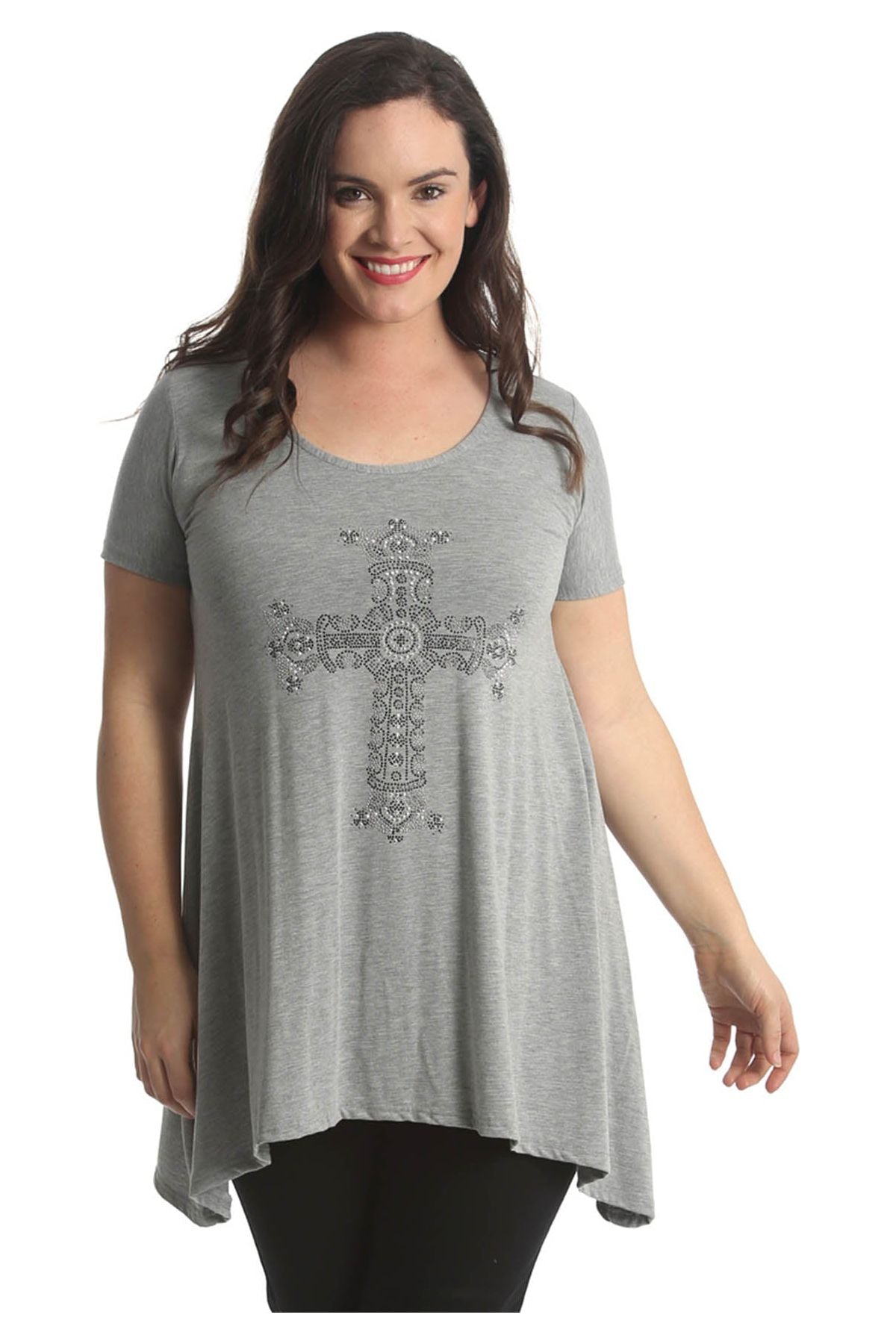 Crown Cross Stud Hanky Hem Short Sleeve Top Tops WearAll Silver Grey 14