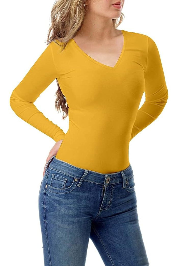 Plus Size Long Sleeve V Neck Top Tops WearAll Mustard 16-18