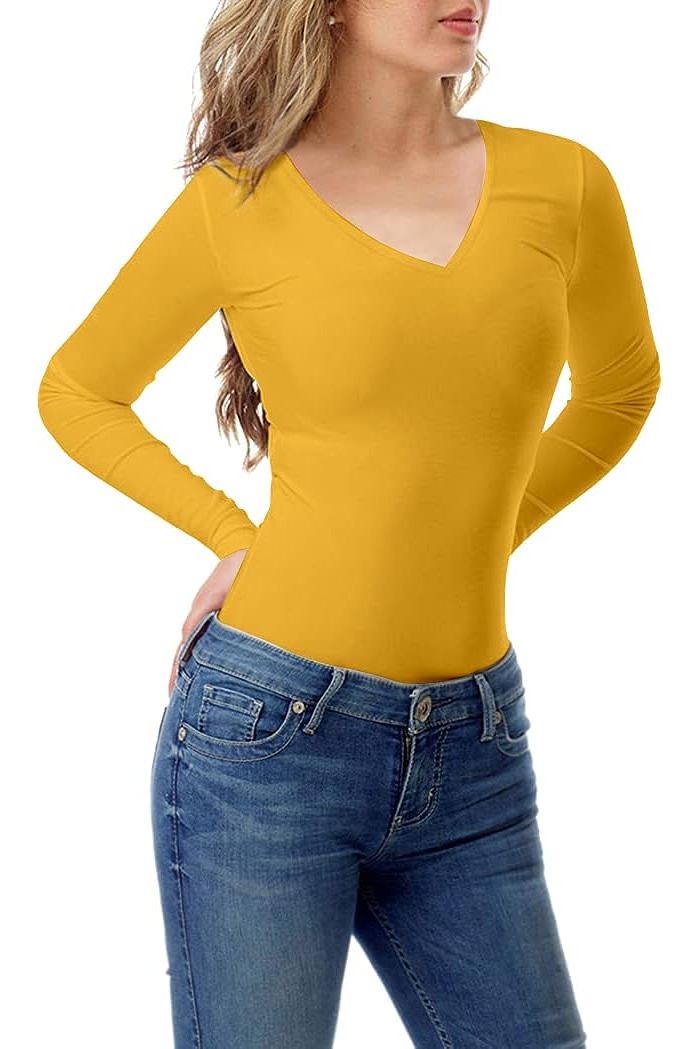 Plus Size Long Sleeve V Neck Top Tops WearAll Mustard 16-18