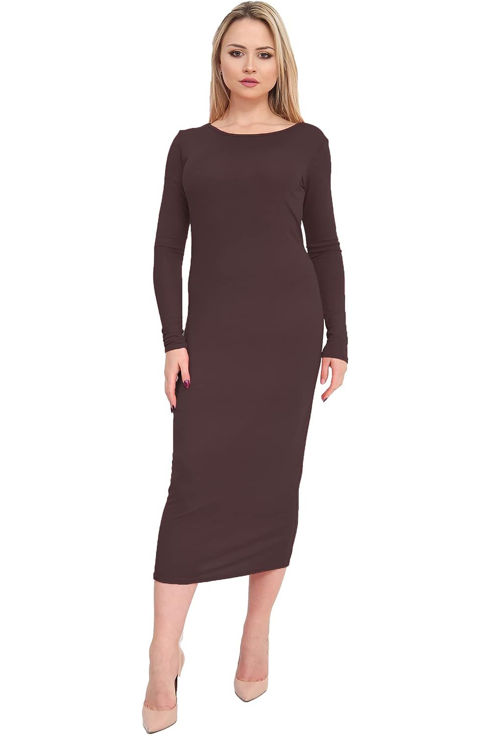 Plus Size Bodycon Stretch Plain Midi Dress Dress WearAll Dark Brown 16-18
