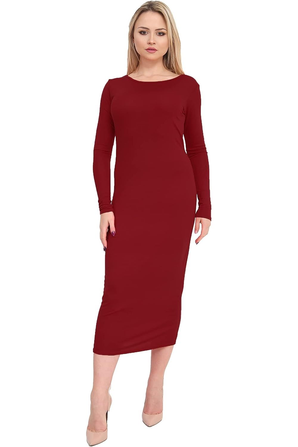 Plus Size Bodycon Stretch Plain Midi Dress Dress WearAll Wine 16-18