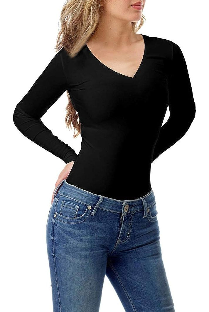 Plus Size Long Sleeve V Neck Top Tops WearAll Black 16-18