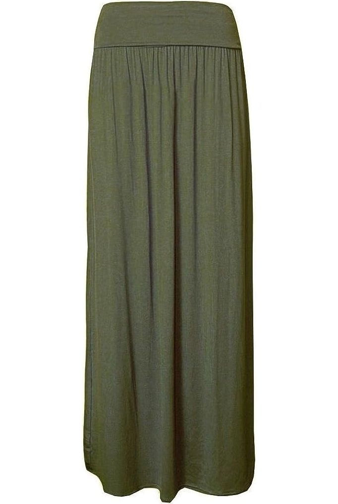 Plus Size Pleated Fold Over High Waist Gypsy Long Maxi Skirt Skirt WearAll Khaki 16-18