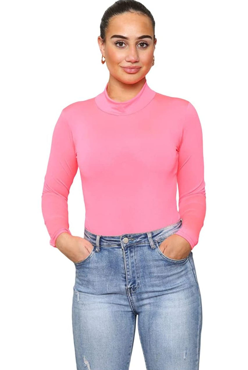 Plain Neon Long sleeve Turtleneck Bodysuit Bodysuit WearAll Neon Pink 12-14
