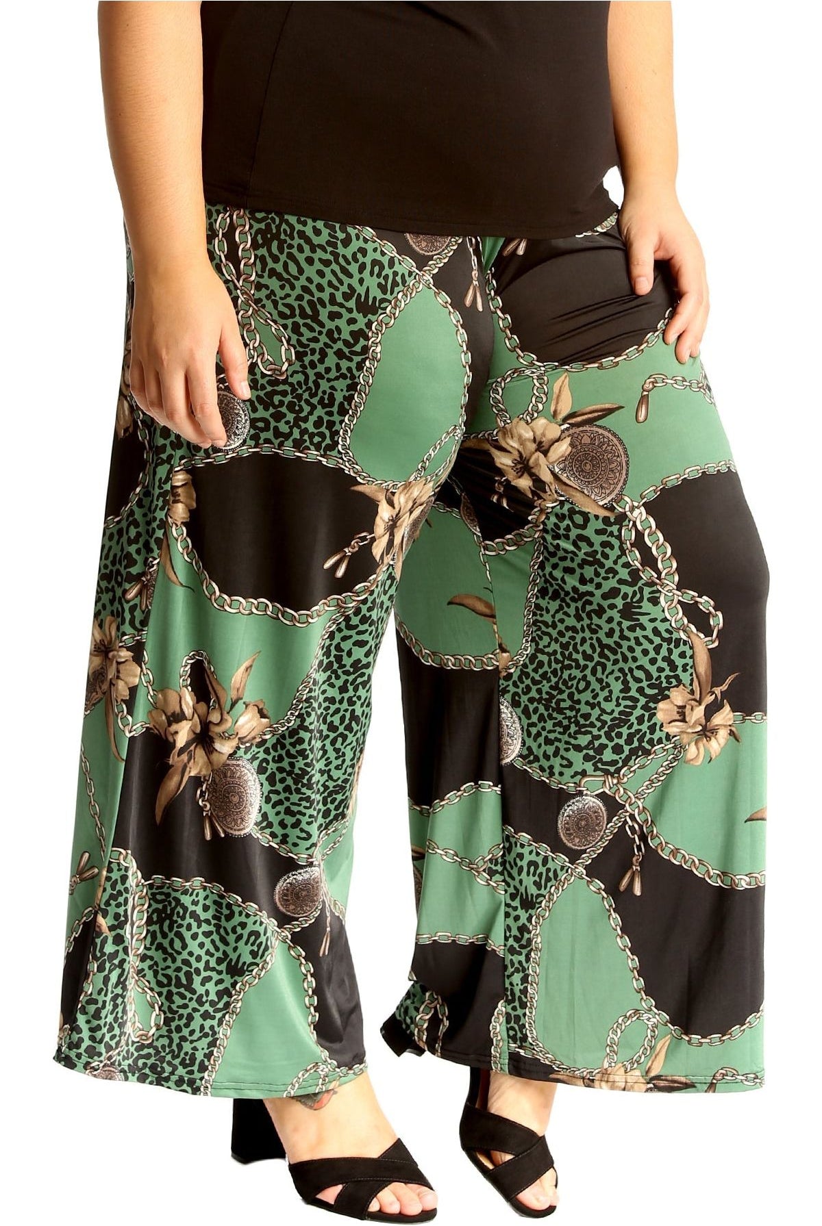 Plus Size Green Leopard Chain Print Palazzo Trouser Palazzo WearAll Green Leopard Chain 16-18