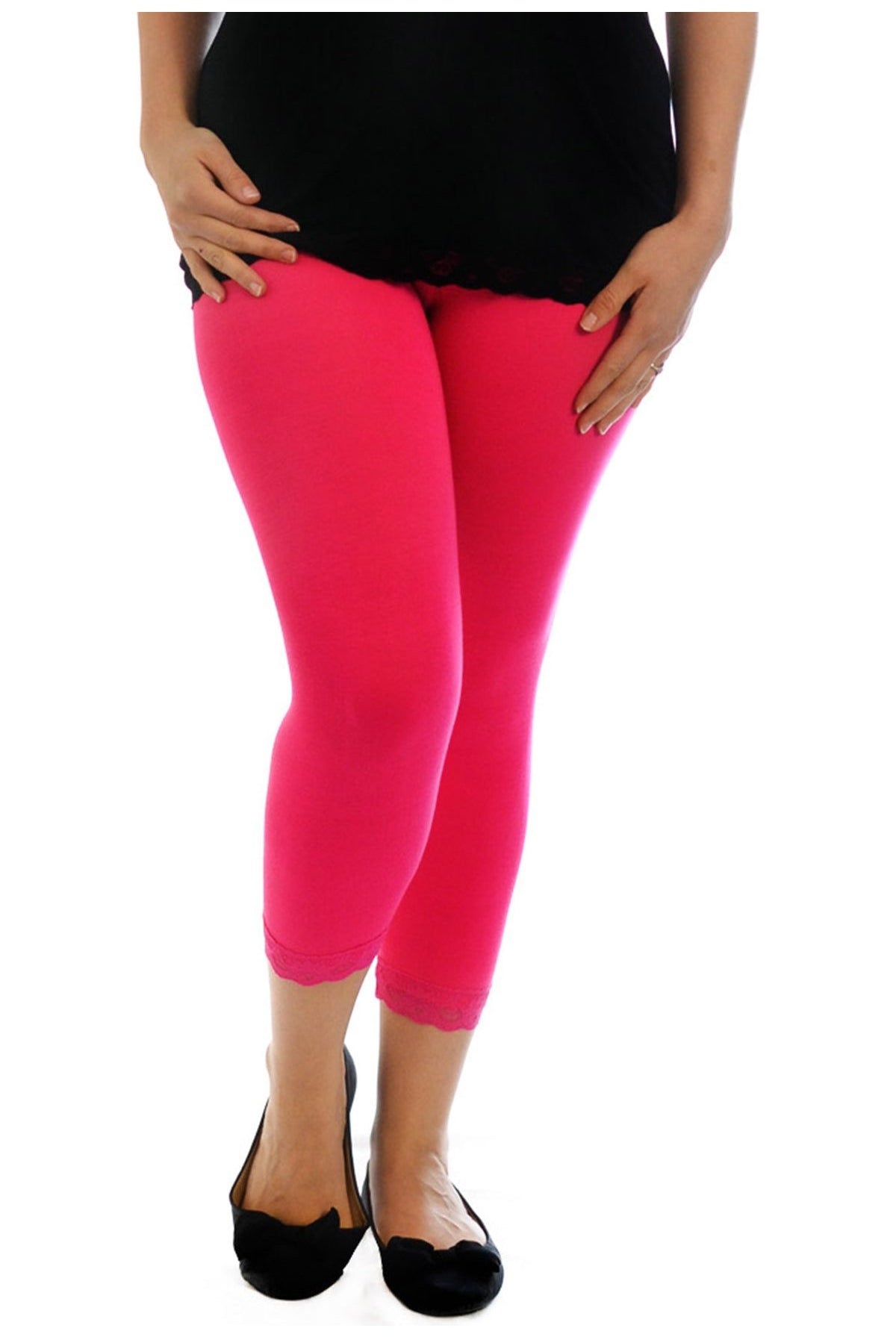 Cropped Lace Trim Leggings Leggings WearAll Cerise 12-14