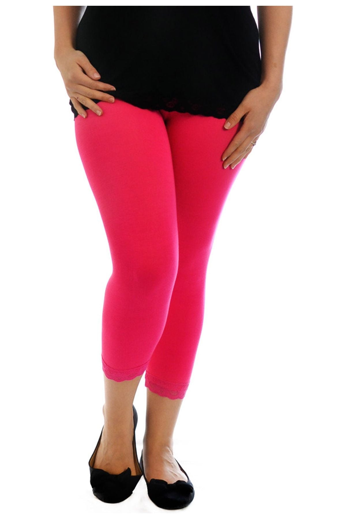 Cropped Lace Trim Leggings Leggings WearAll Cerise 12-14