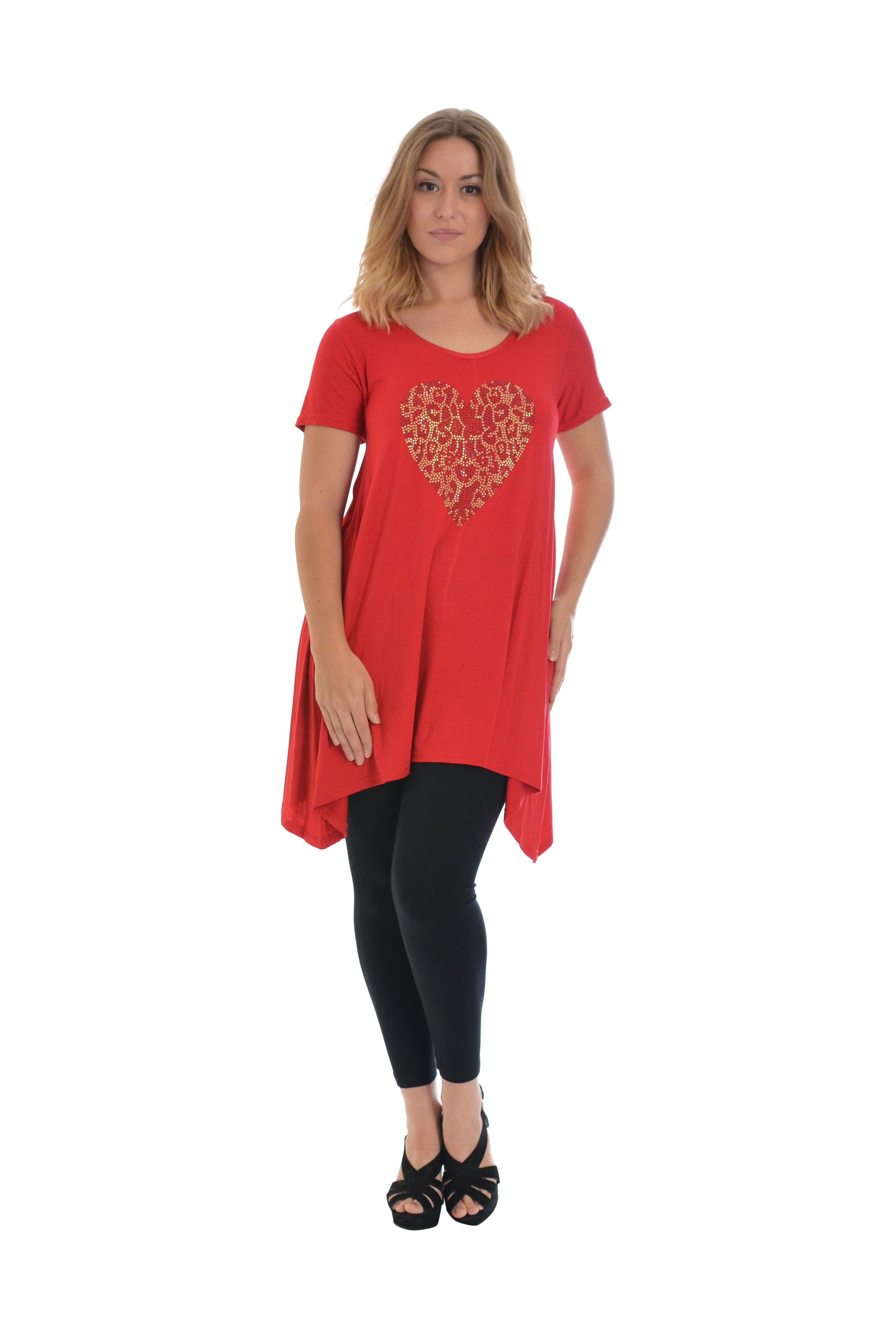 Leopard Print Studded Heart Hanky Hem Short Sleeve Top Apparel & Accessories WearAll