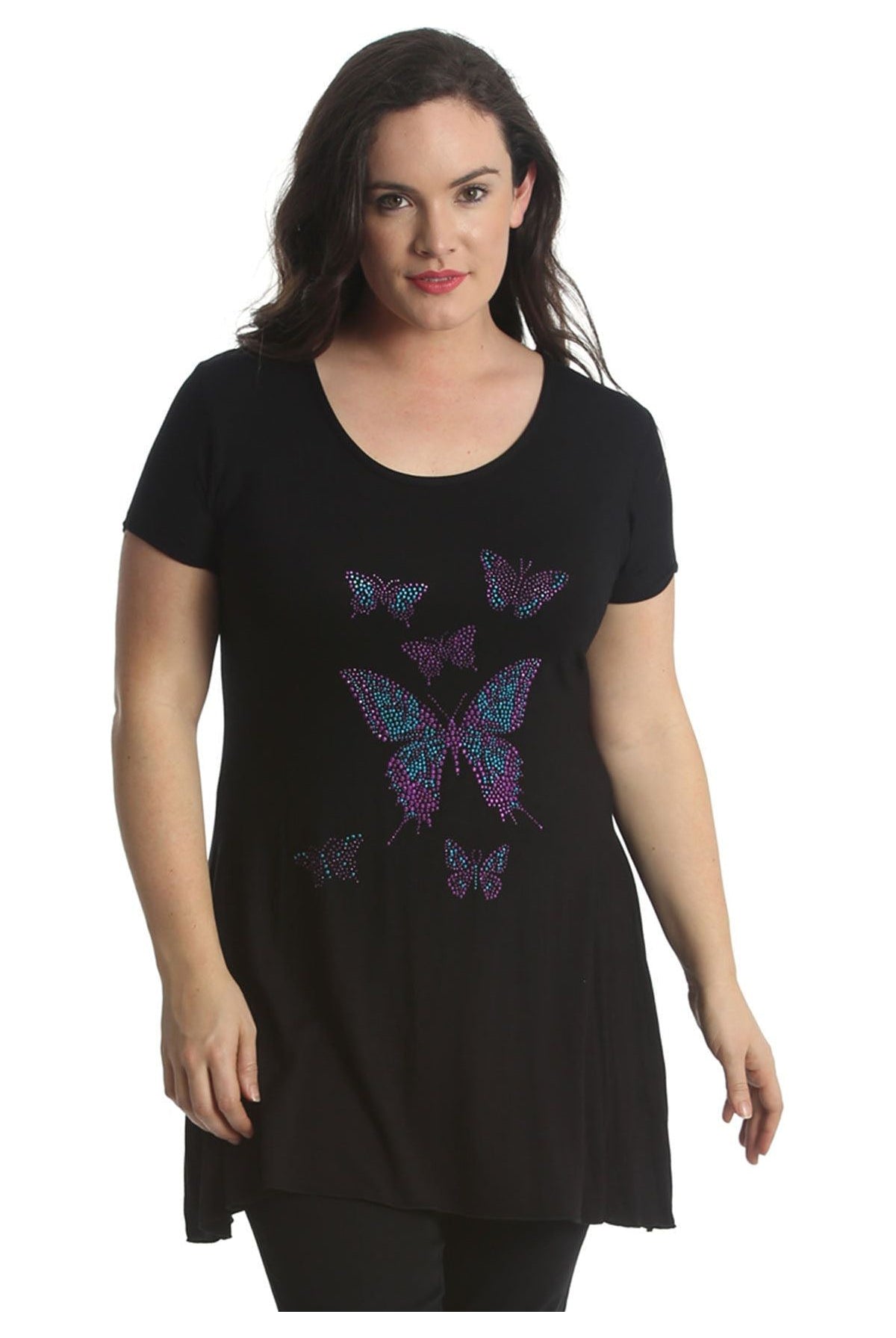 Diamante Butterfly Stud Hanky Hem Short Sleeve Top Apparel & Accessories WearAll Black 14