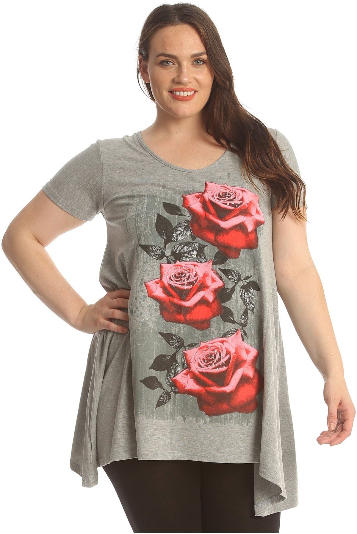Three Rose Print Hanky Hem Short Sleeve Top Apparel & Accessories WearAll Grey 14