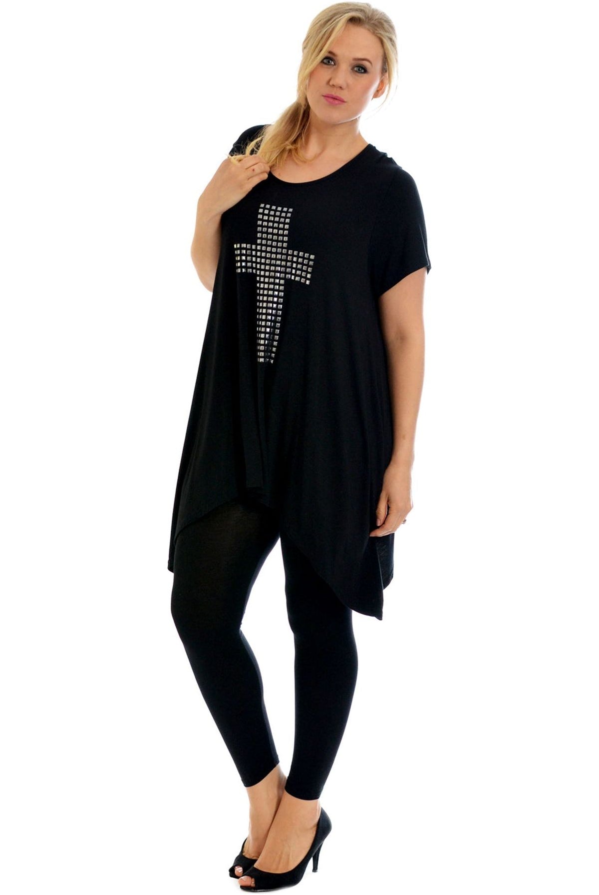 Cross Metallic Stud Hanky Hem Short Sleeve Top Apparel & Accessories WearAll