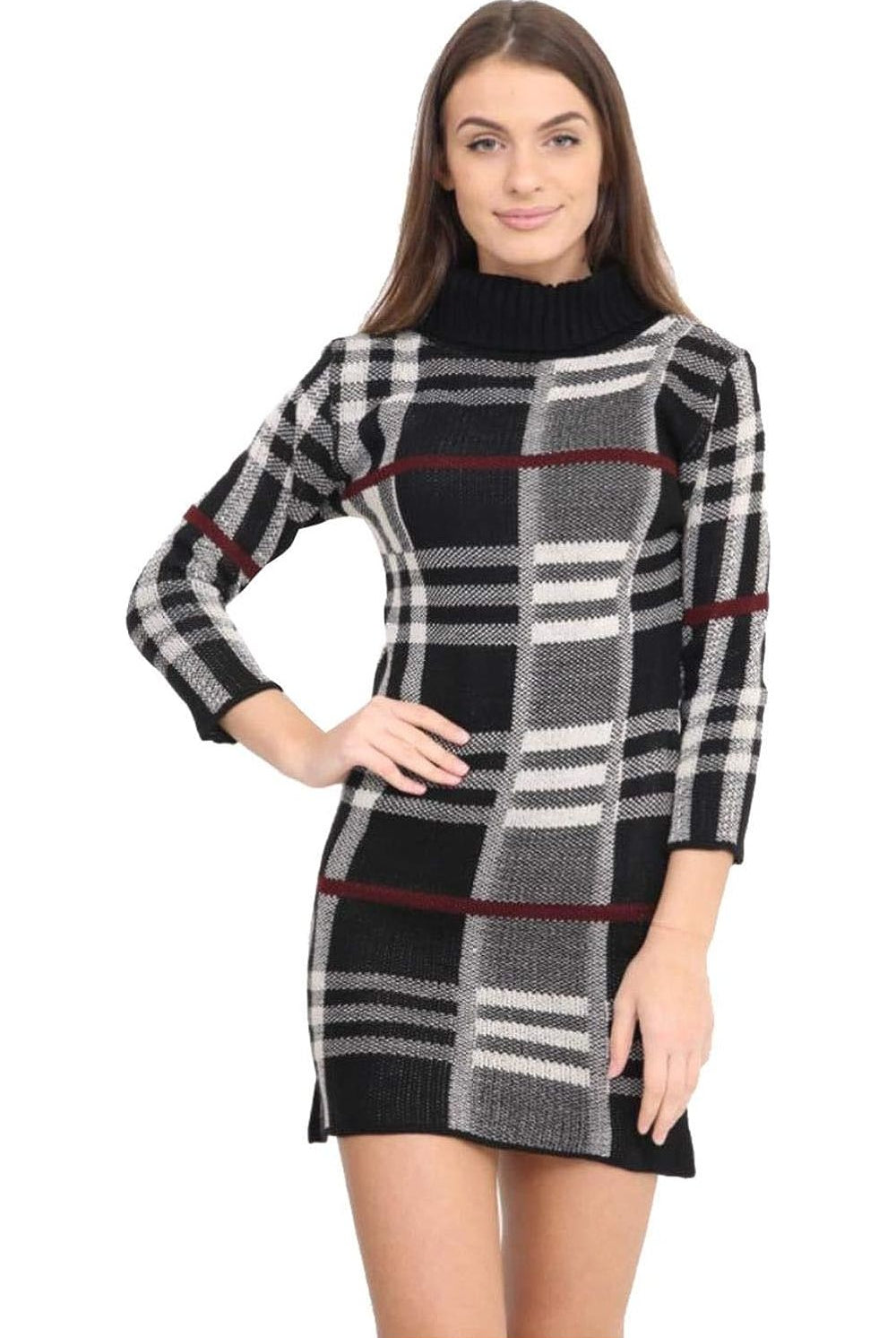 Plus Size Polo High Neck Check Print Jumper Dress Dress WearAll Check Black 16-18