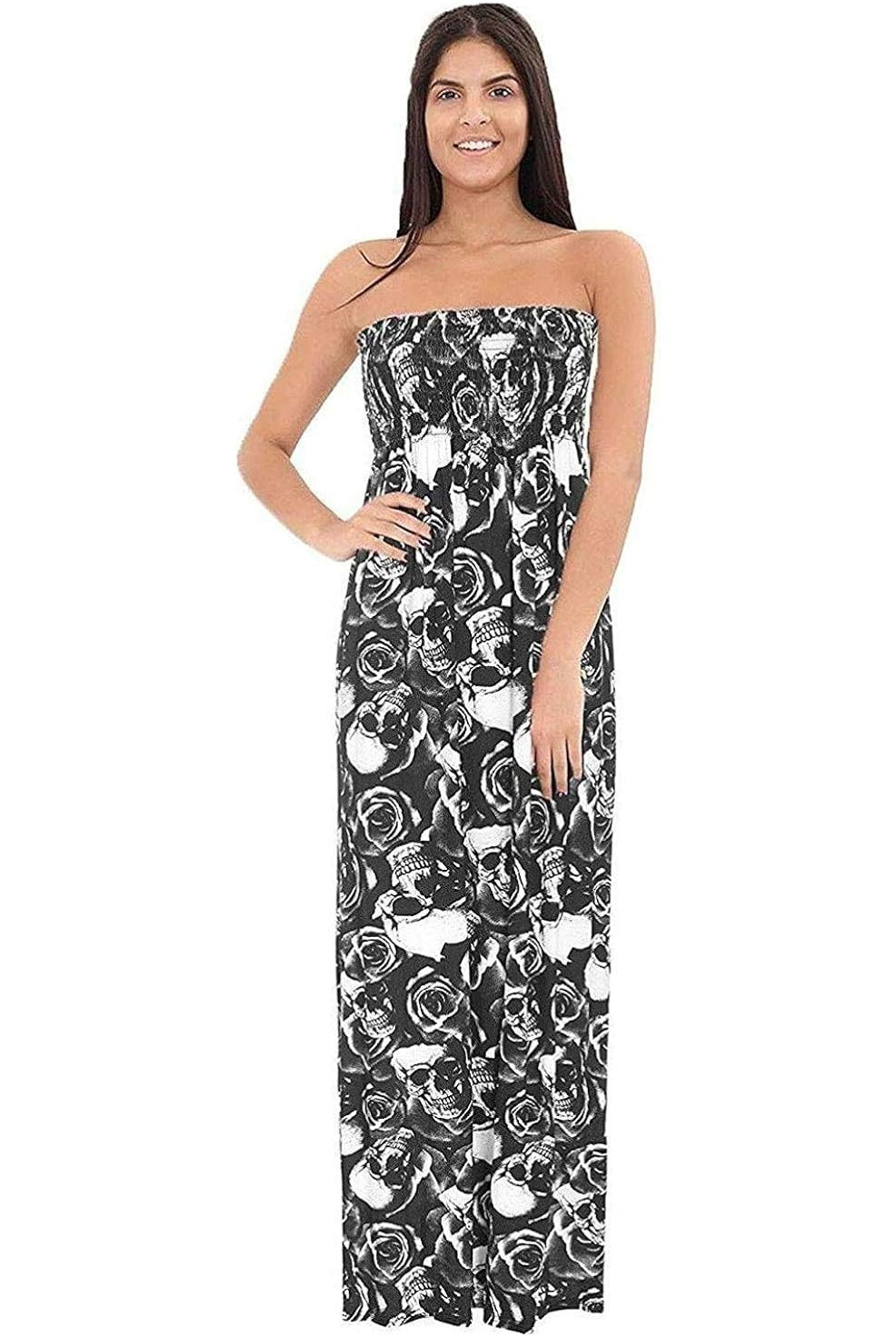 Skull Roses Print Strapless Sheering Maxi Maxi Cardigan WearAll Skull Roses 8-10