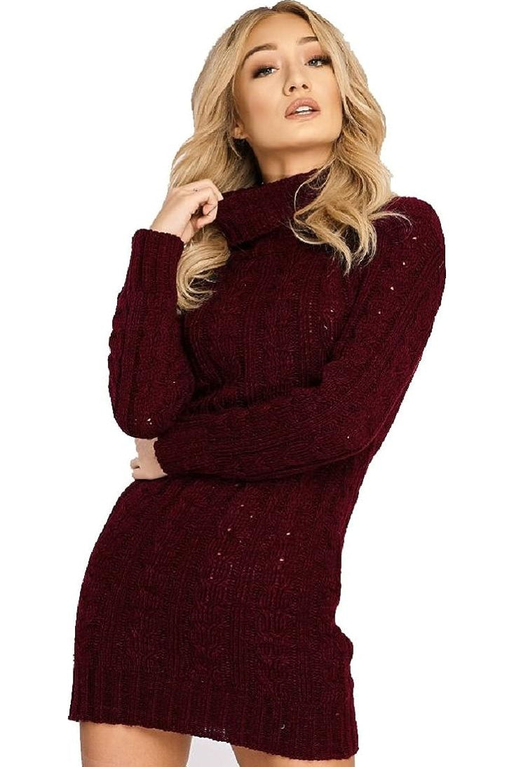 Plus Size Polo High Neck Cable Knitted Jumper Dress Dress WearAll Wine 16-18