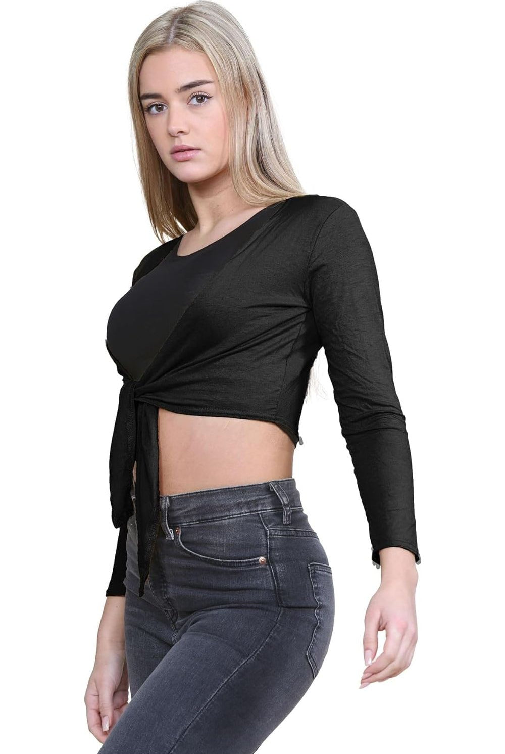 Long Sleeve Front Tie Crop Shrug Tops WearAll