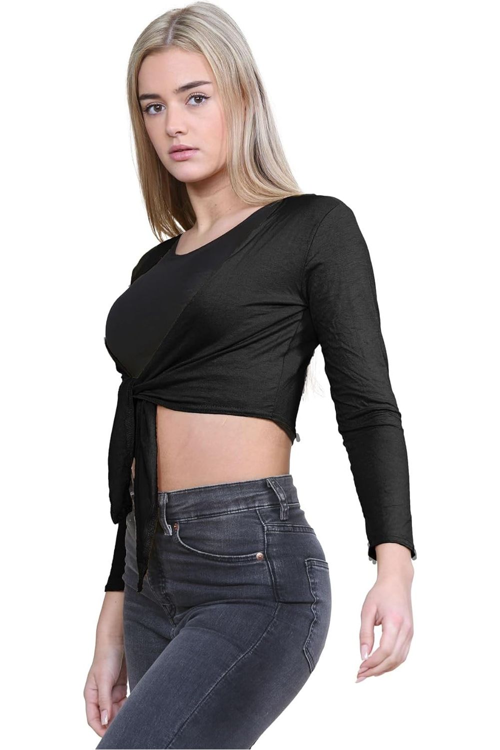 Long Sleeve Front Tie Crop Shrug Tops WearAll