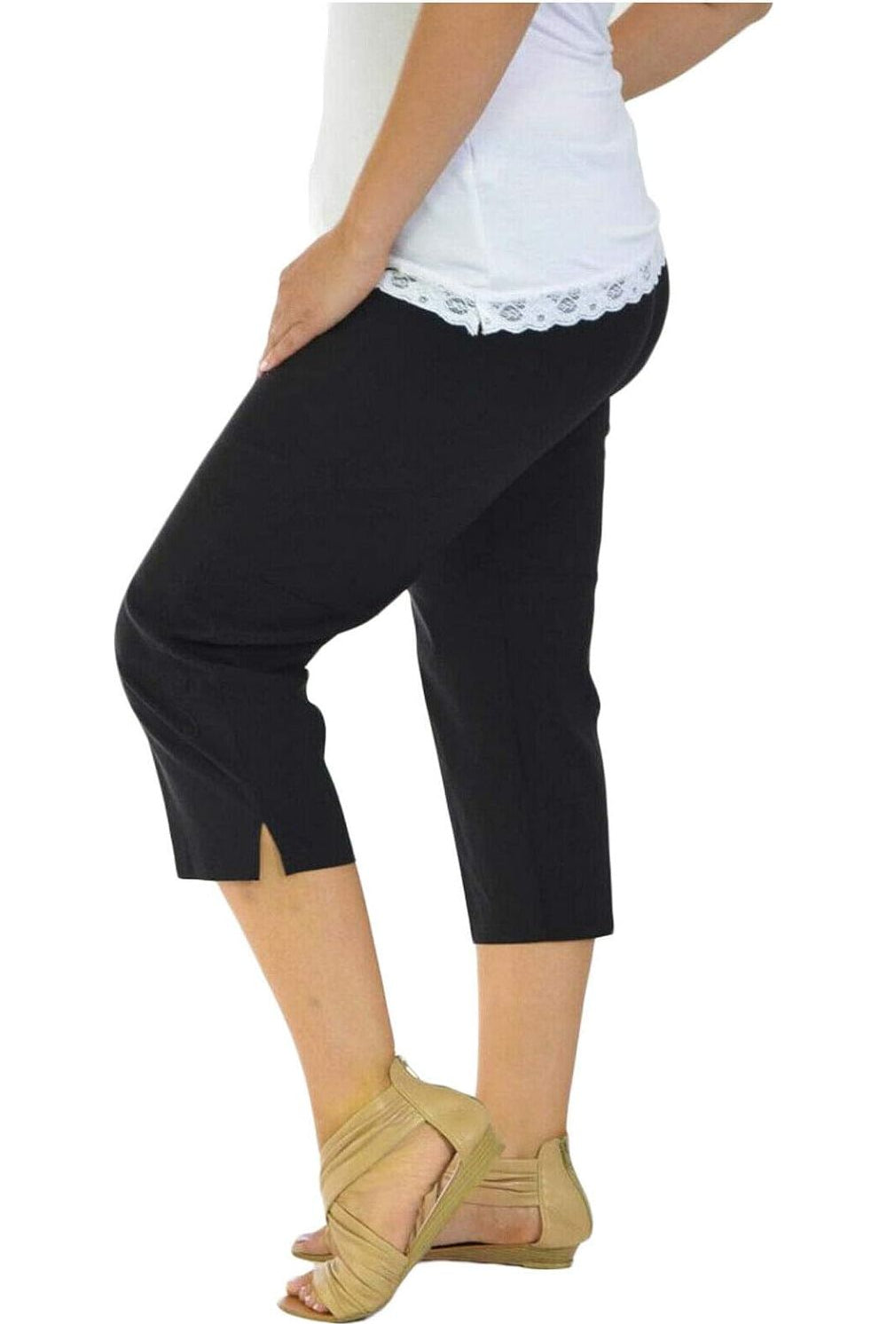 Ladies 3/4 Elasticated Trouser Shorts Trousers WearAll Black 12