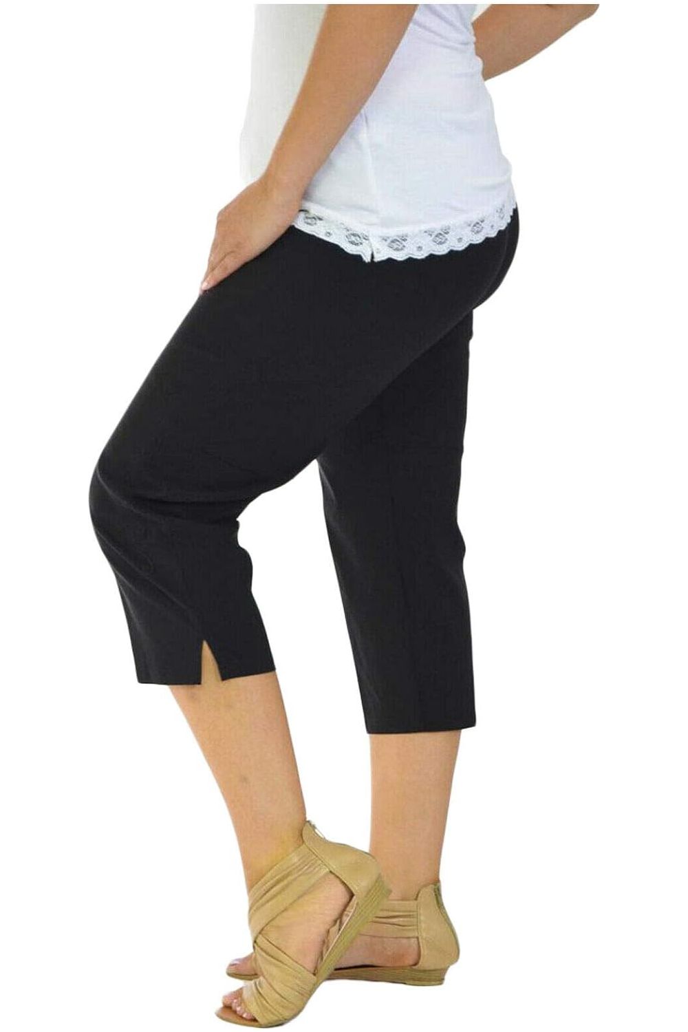 Ladies 3/4 Elasticated Trouser Shorts Trousers WearAll Black 12