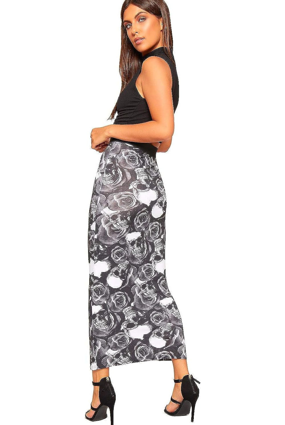 High Waist Stretch Long Maxi Skirt Skirt WearAll Skull Roses 12-14
