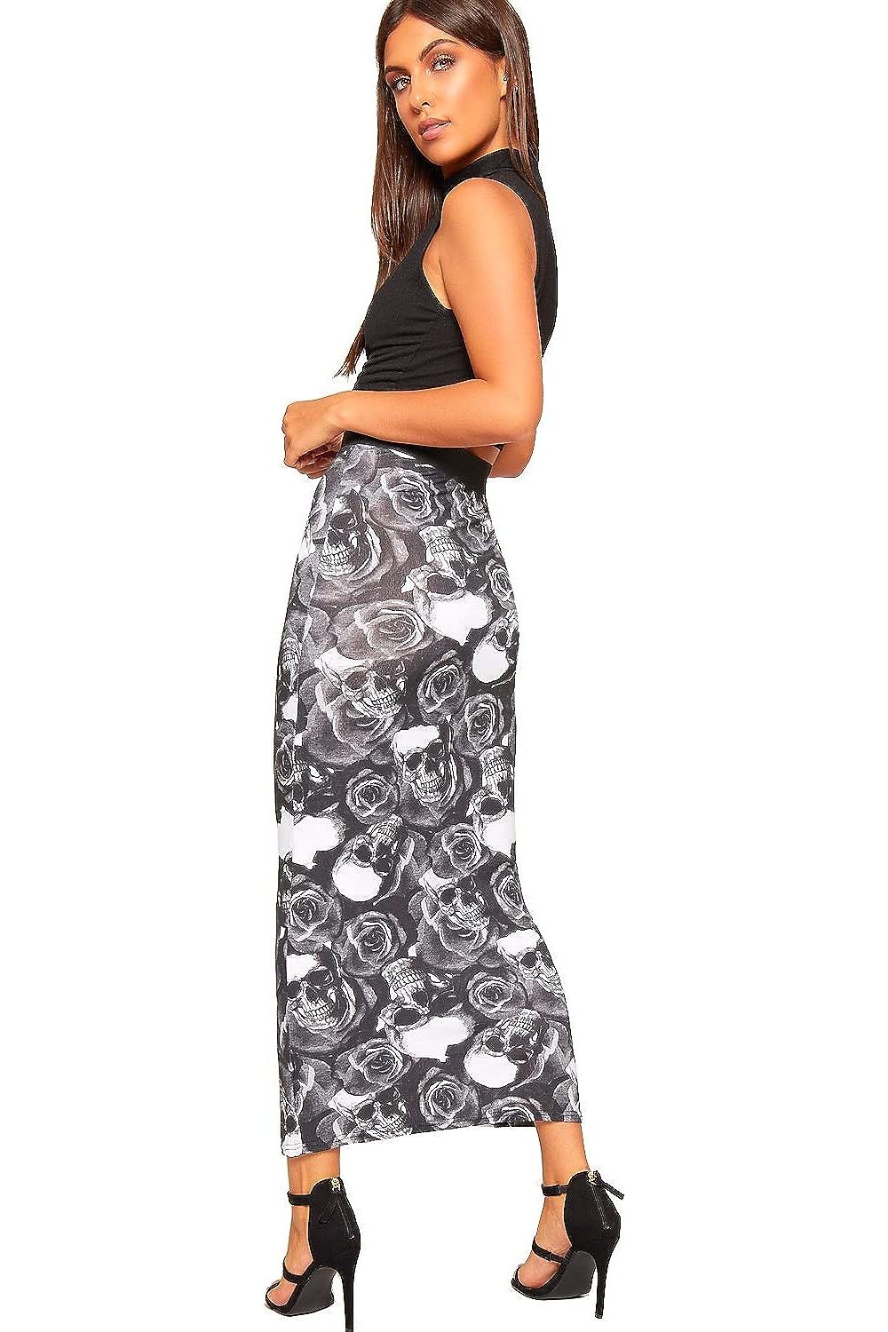 Plus Size High Waist Stretch Long Maxi Skirt Skirt WearAll Skull Roses 16-18