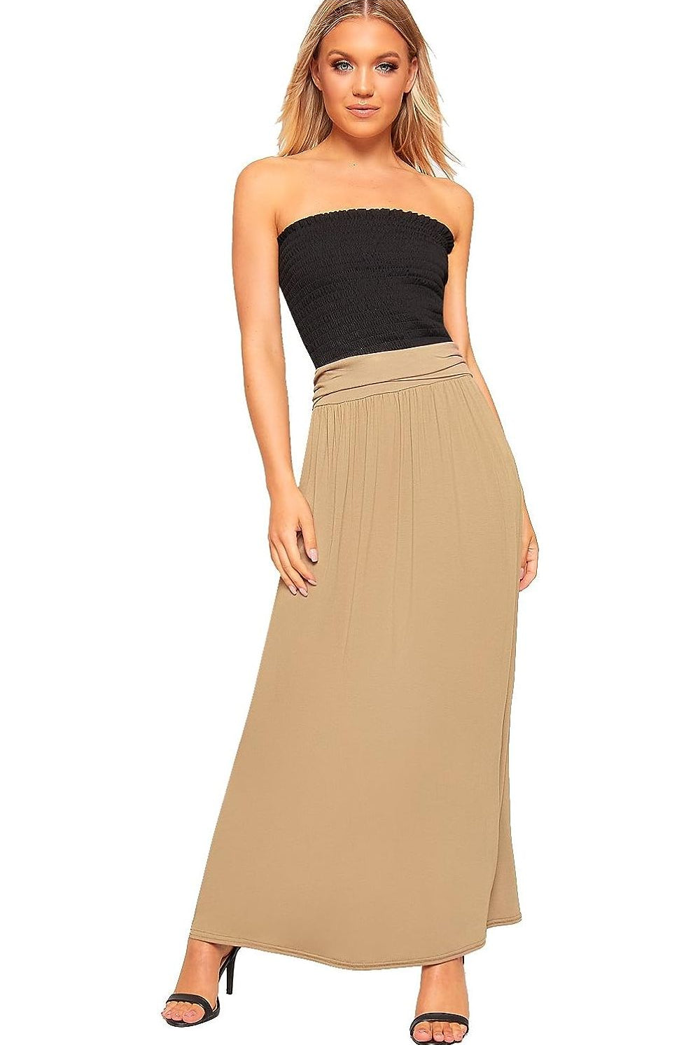 Pleated Fold Over High Waist Gypsy Long Maxi Skirt Skirt WearAll Mocha 12-14