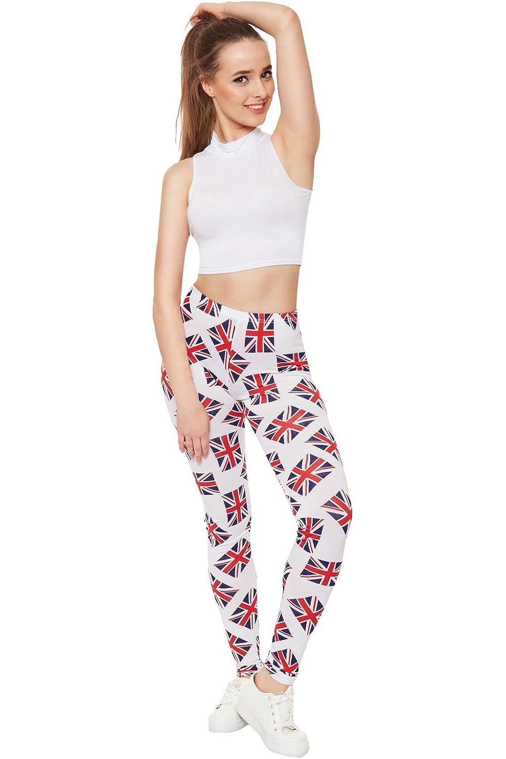 Full Length UK Flag Print White Leggings Leggings WearAll 8-10 UK Flag Print