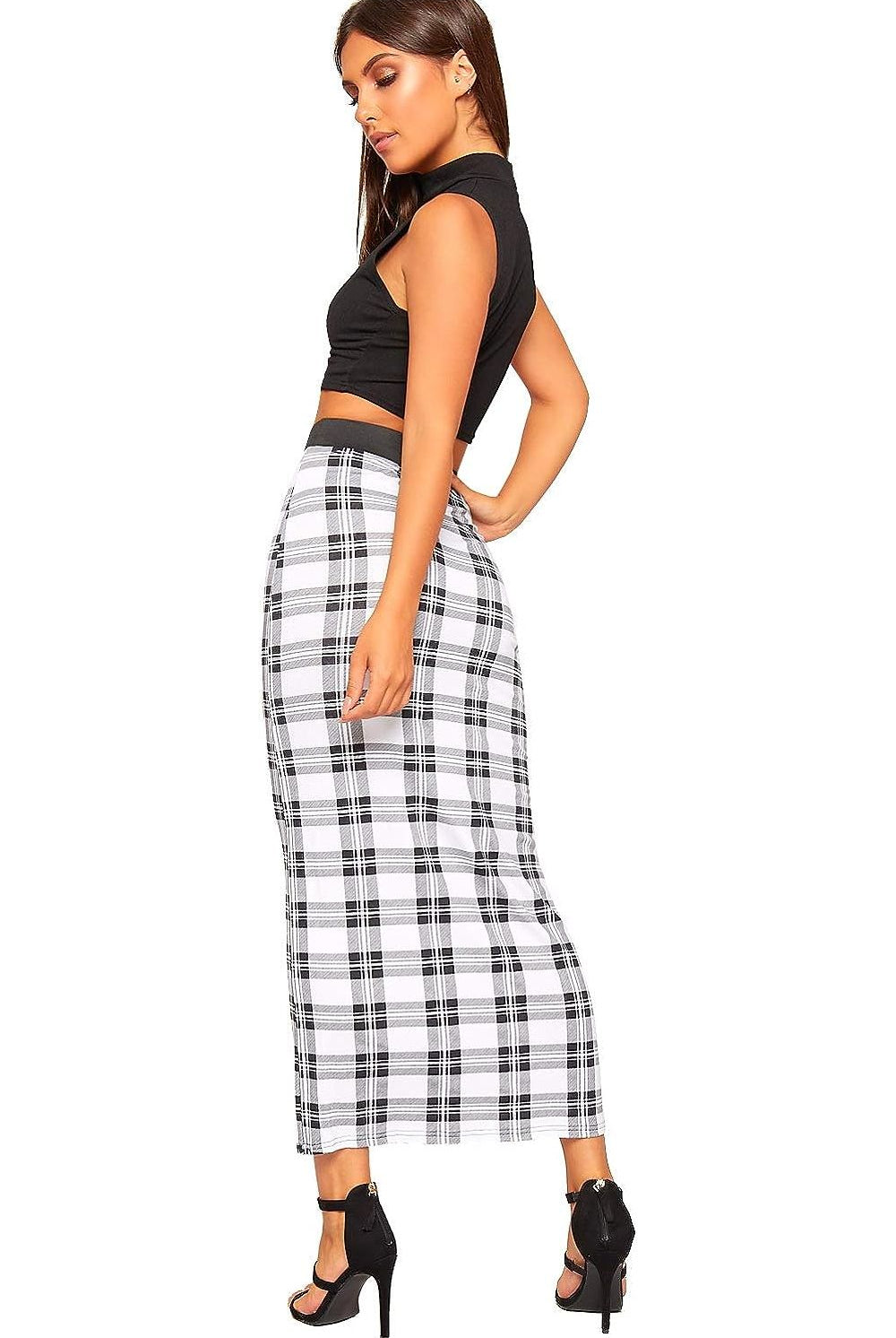 Plus Size High Waist Stretch Long Maxi Skirt Skirt WearAll Black White Tartan 16-18