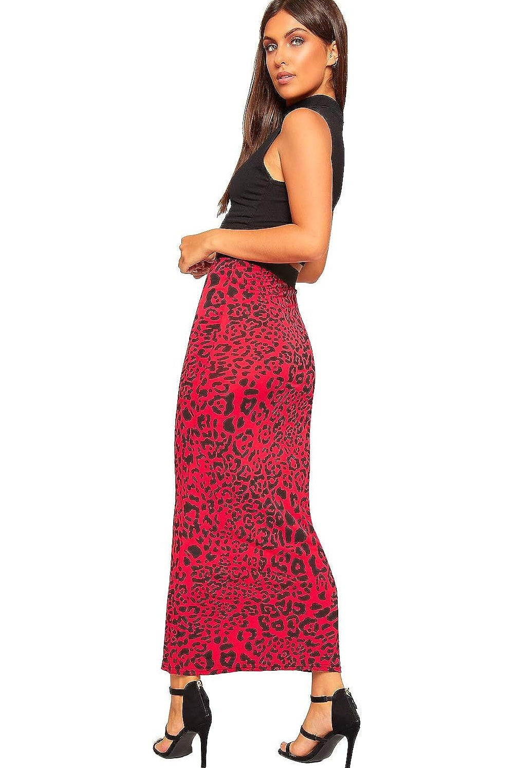 High Waist Stretch Long Maxi Skirt Skirt WearAll Red Animal 12-14