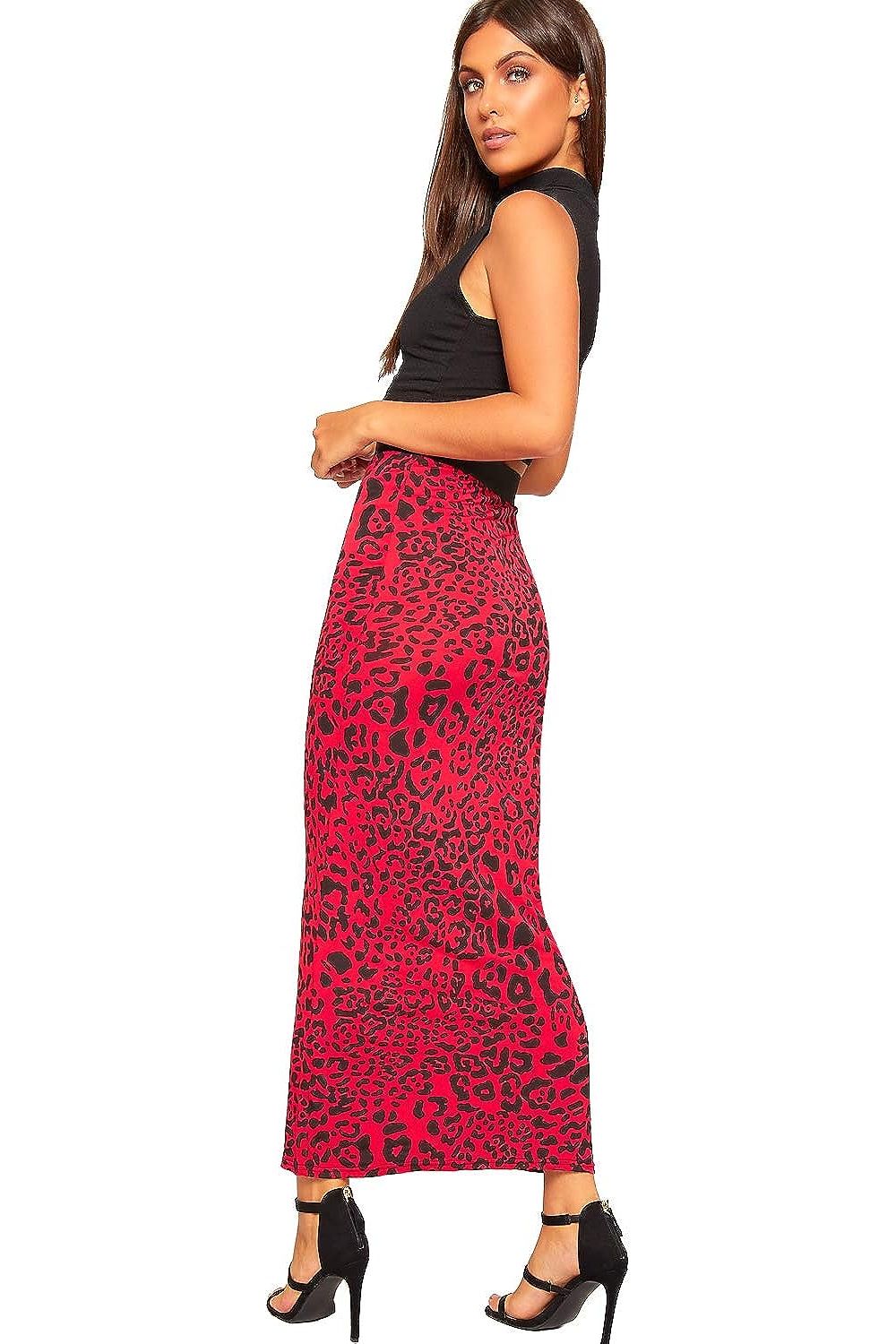 High Waist Stretch Long Maxi Skirt Skirt WearAll Red Animal 12-14