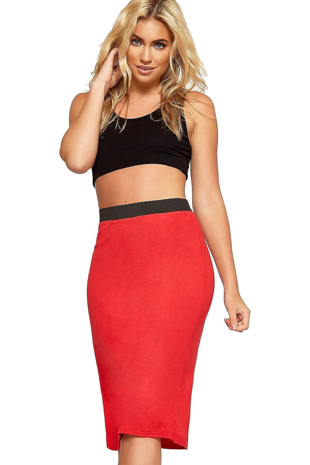 Plus Size Plain Stretch Pencil Midi Skirt