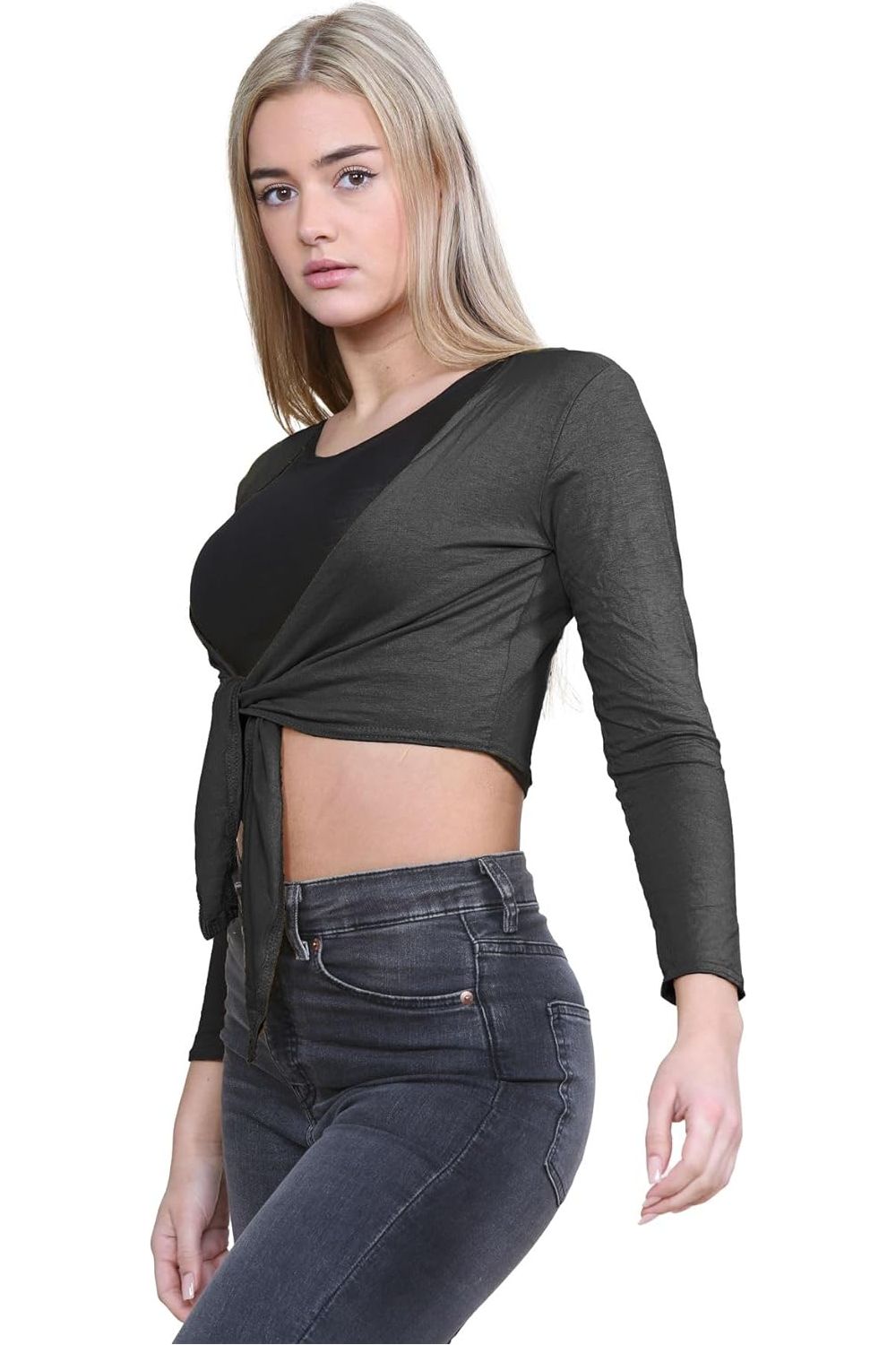 Long Sleeve Front Tie Crop Shrug Tops WearAll