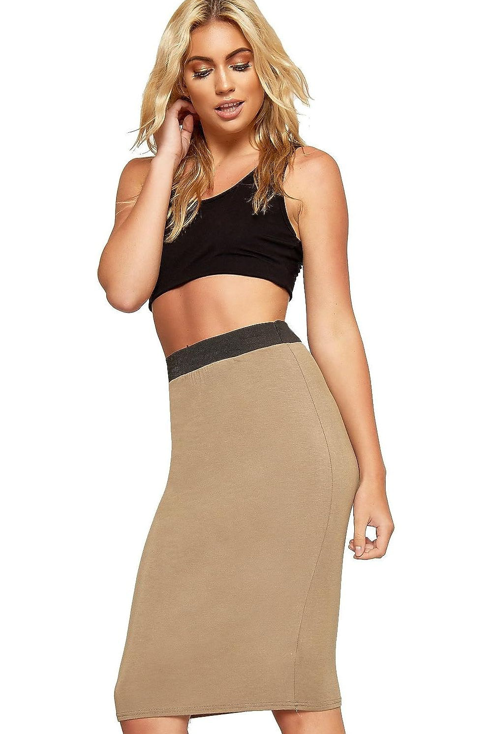 Plus Size Plain Stretch Pencil Midi Skirt Apparel & Accessories WearAll