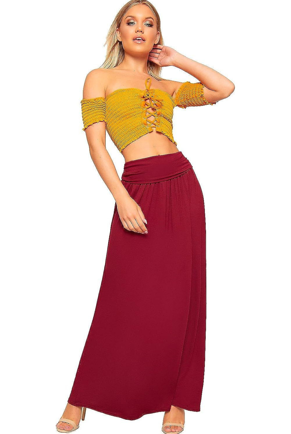 Plus Size Pleated Fold Over High Waist Gypsy Long Maxi Skirt Skirt WearAll Wine 16-18