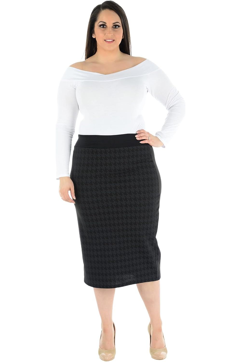 Plus Size Midi Skirt Dogtooth Apparel & Accessories WearAll Grey 12-14