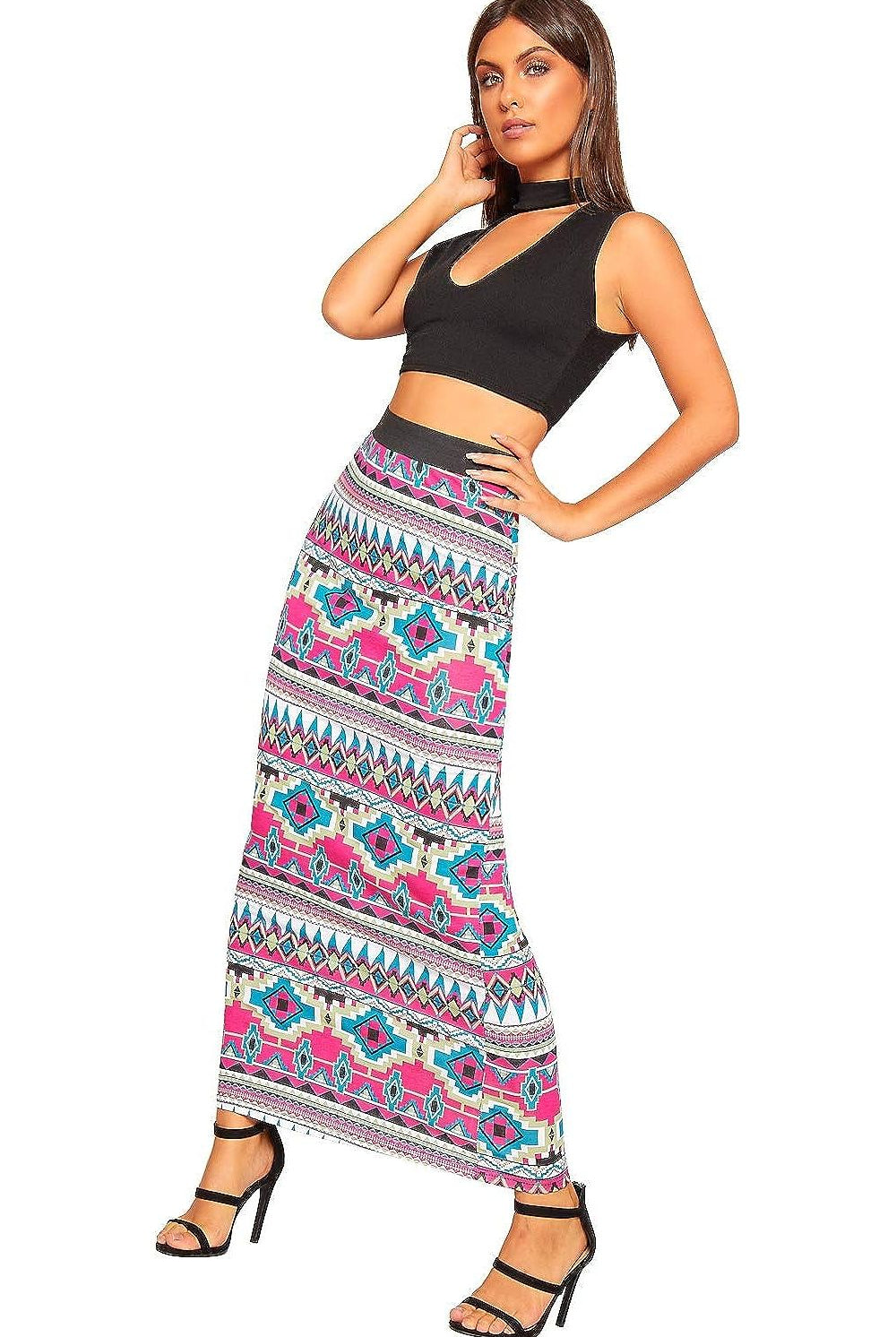 Plus Size High Waist Stretch Long Maxi Skirt Skirt WearAll Pink Aztec 16-18