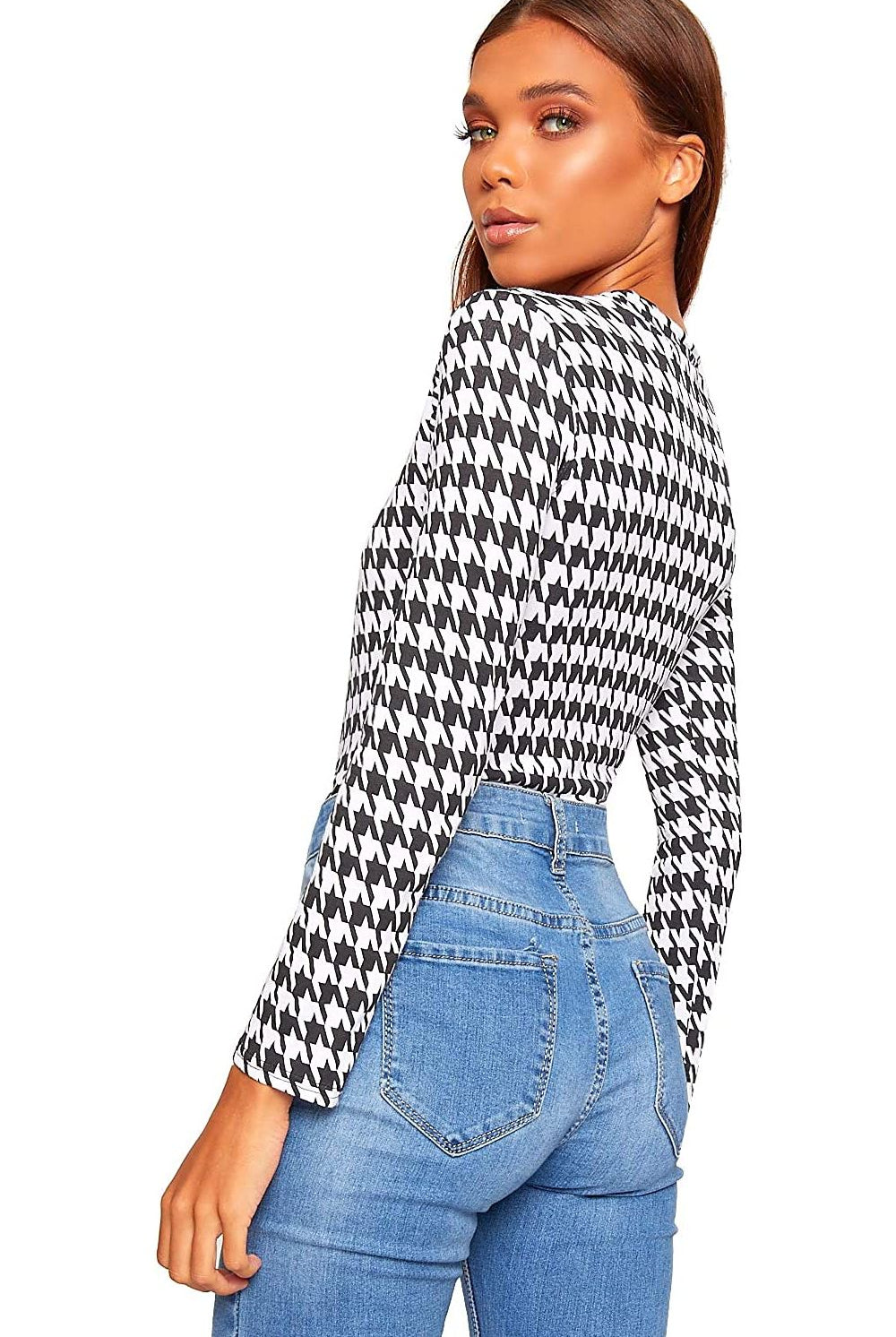 Plus Size Long Sleeve Bodysuit Turtle Neck Dogtooth Bodysuit WearAll