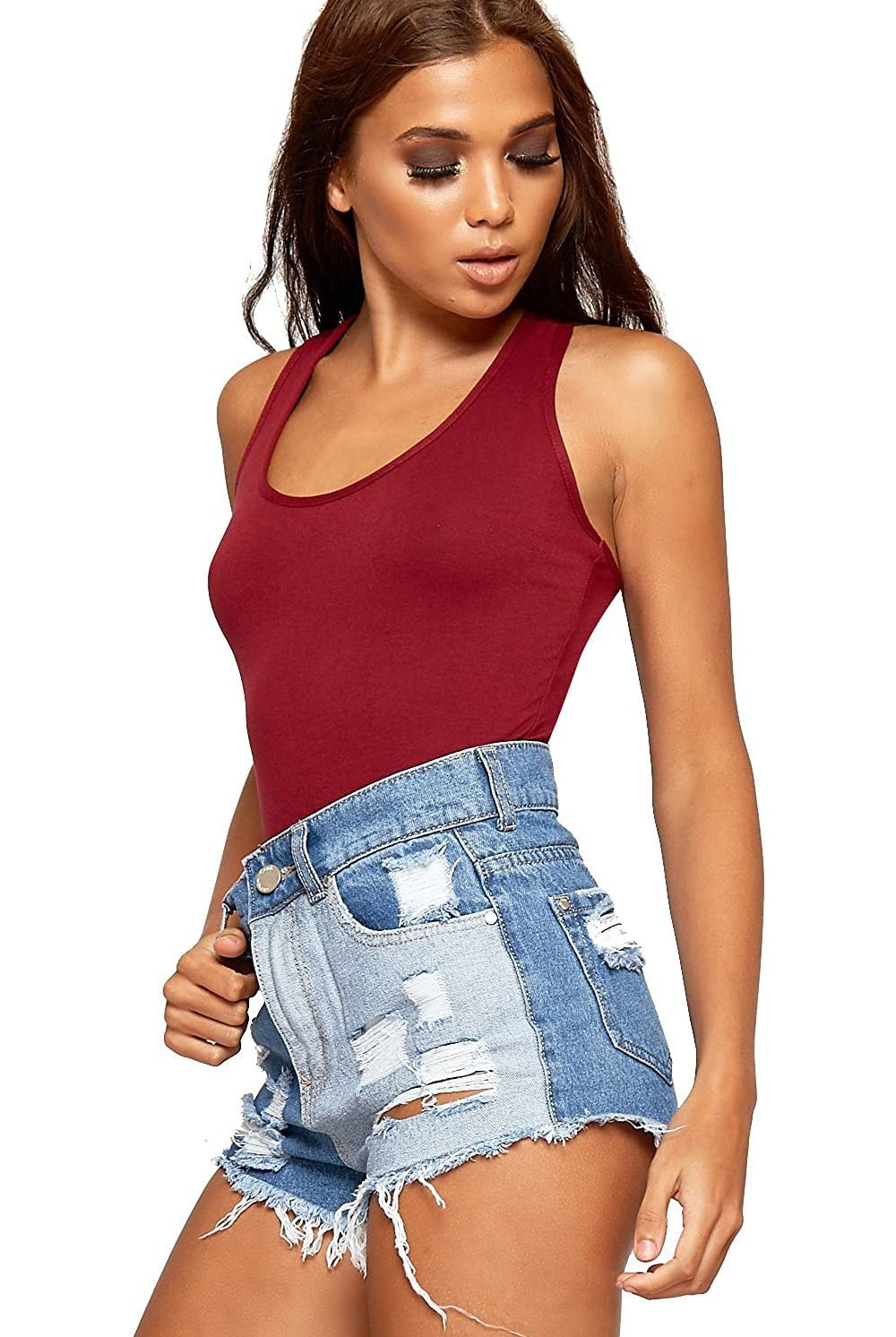 BASICS Solid Round Neck Fitted Tank Bodysuit Bodysuit WearAll