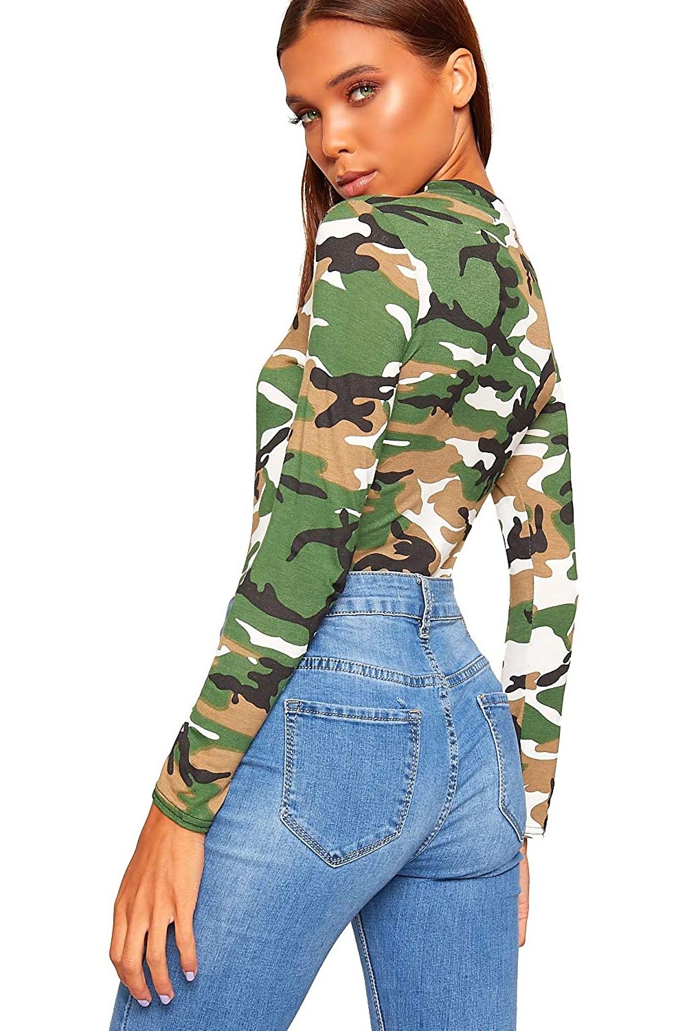 Plus Size Long Sleeve Bodysuit Turtle Neck Army Bodysuit WearAll