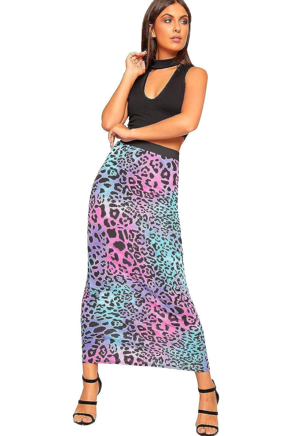 Plus Size High Waist Stretch Long Maxi Skirt Skirt WearAll Pink Animal 16-18