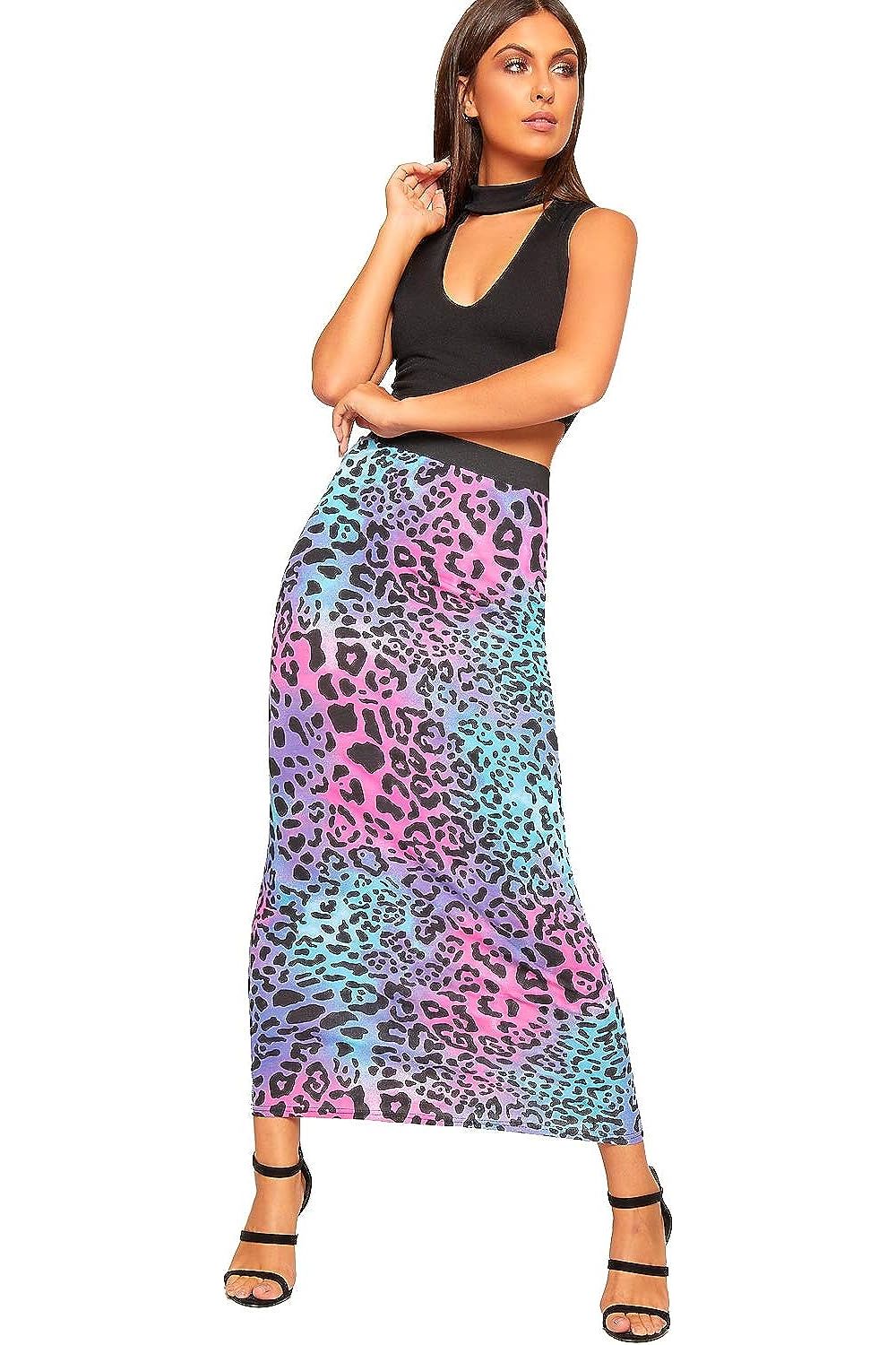Plus Size High Waist Stretch Long Maxi Skirt Skirt WearAll Pink Animal 16-18