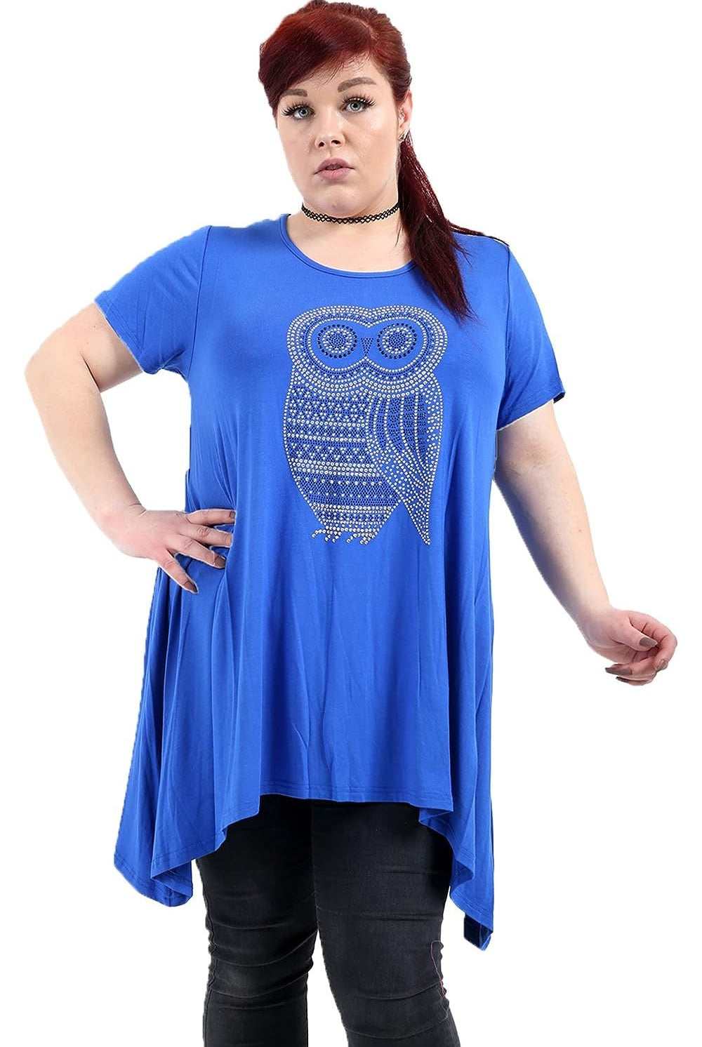Owl Diamante Stud Hanky Hem Short Sleeve Top Apparel & Accessories WearAll Royal Blue 14