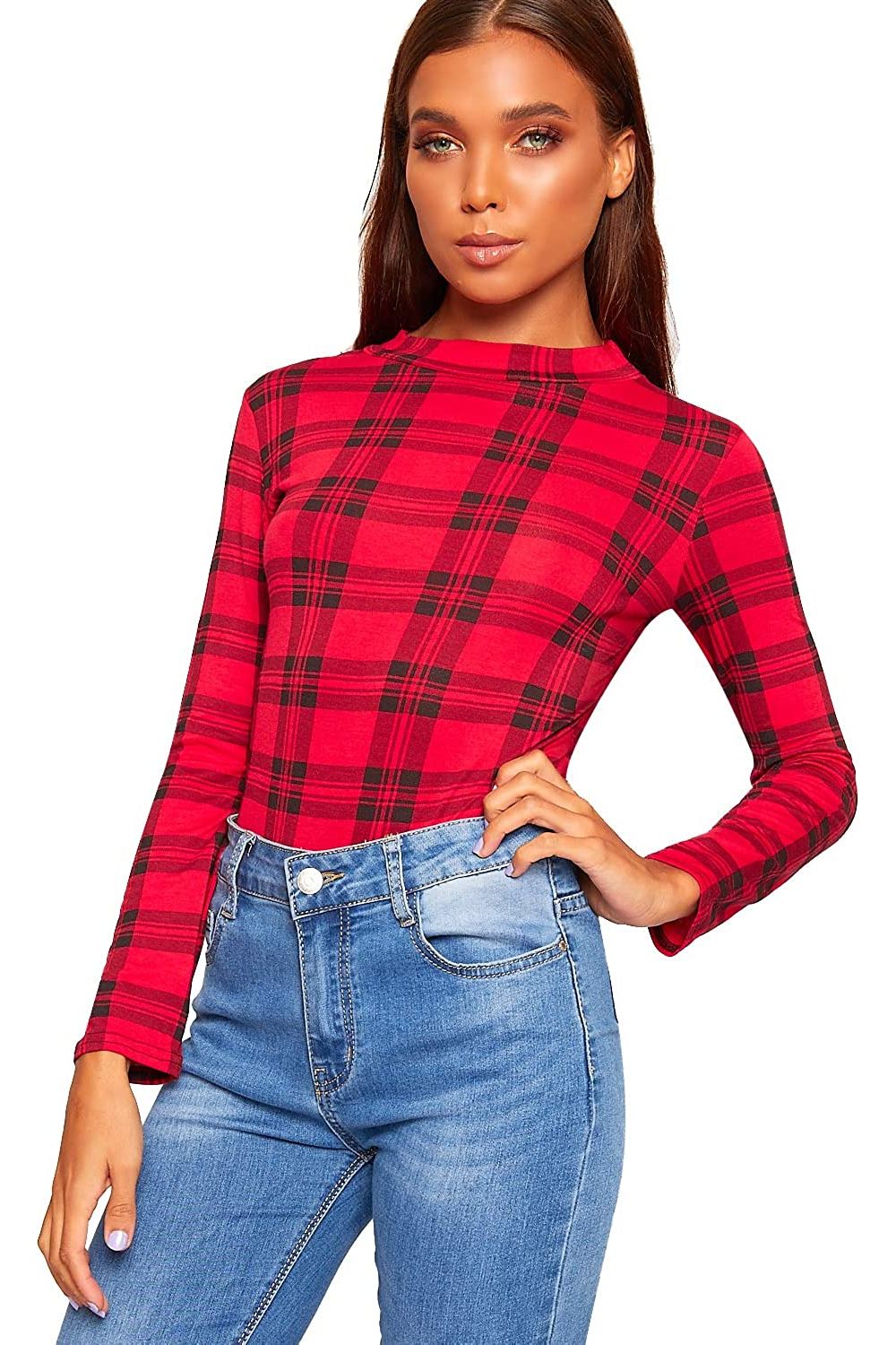 Plus Size Long Sleeve Bodysuit Turtle Neck Red Tartan Bodysuit WearAll