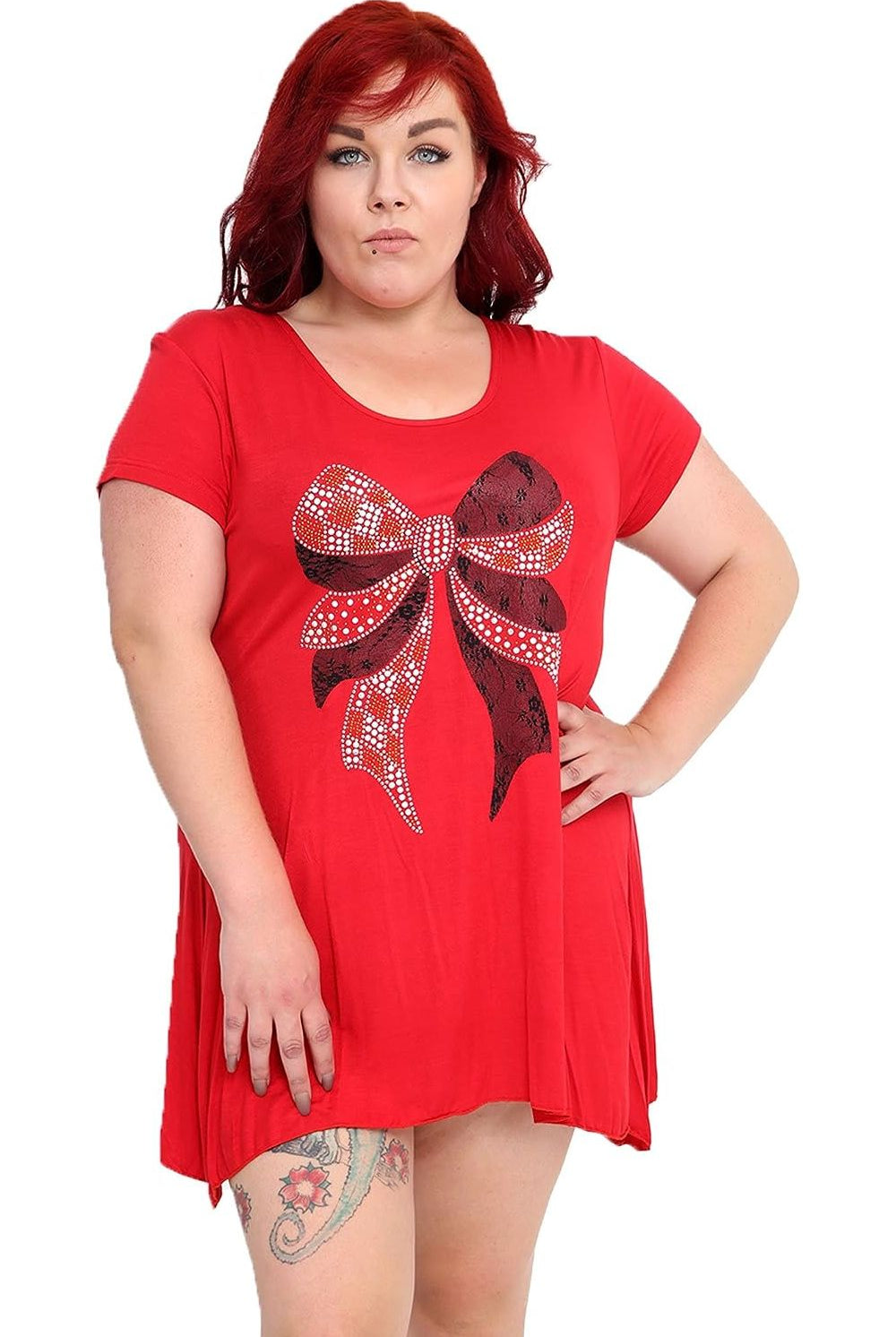 Bow Lace Stud Hanky Hem Short Sleeve Top Apparel & Accessories WearAll Red 14