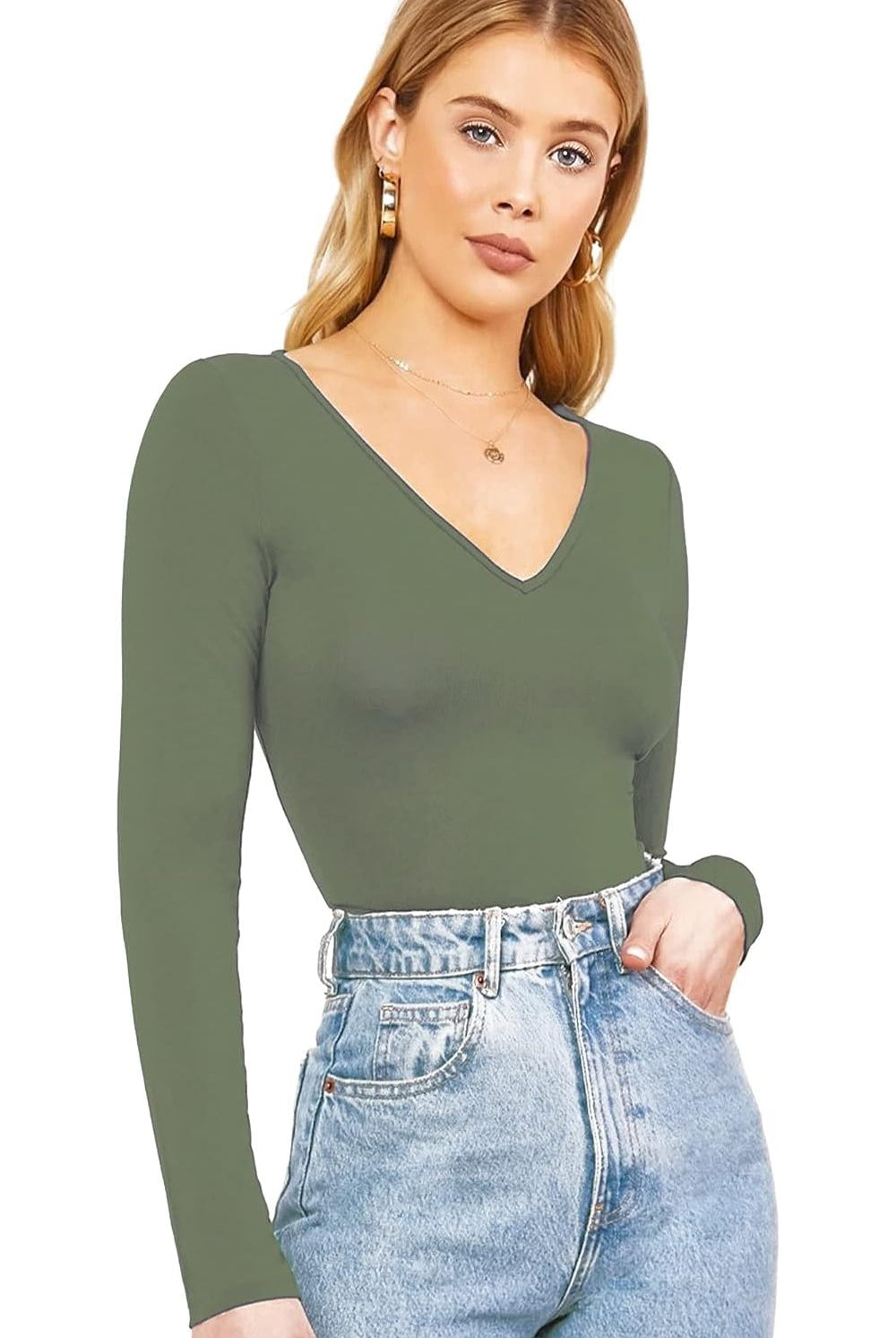 Plus Size Long Sleeve V Neck Top Tops WearAll Khaki 16-18