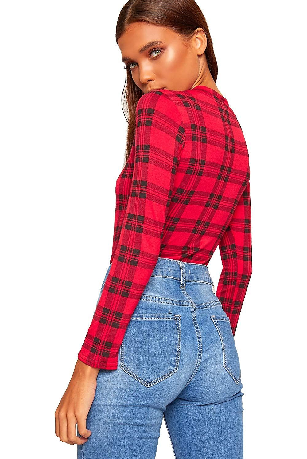 Plus Size Long Sleeve Bodysuit Turtle Neck Red Tartan Bodysuit WearAll