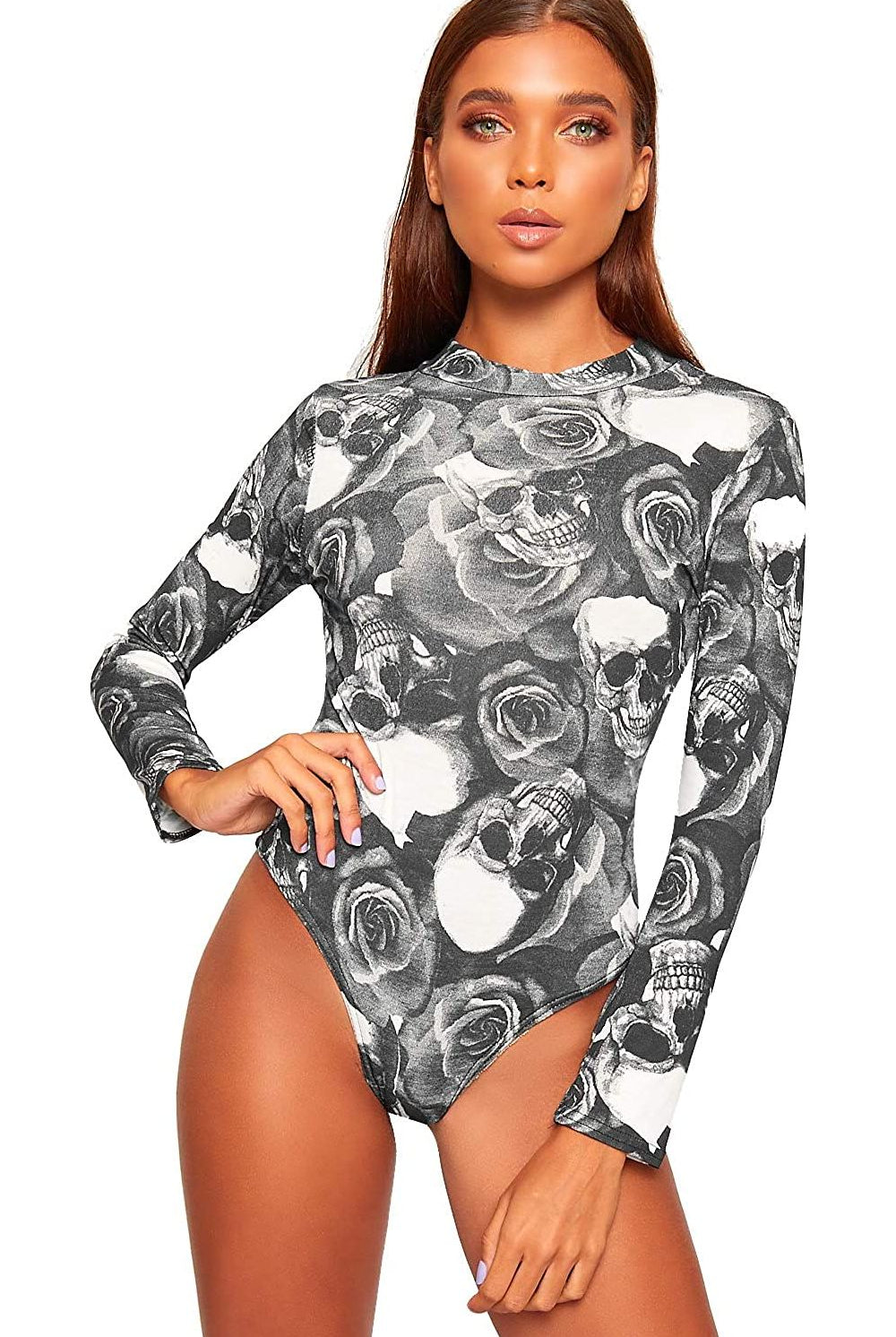 Plus Size Long Sleeve Bodysuit Turtle Neck Skull And Roses Bodysuit WearAll