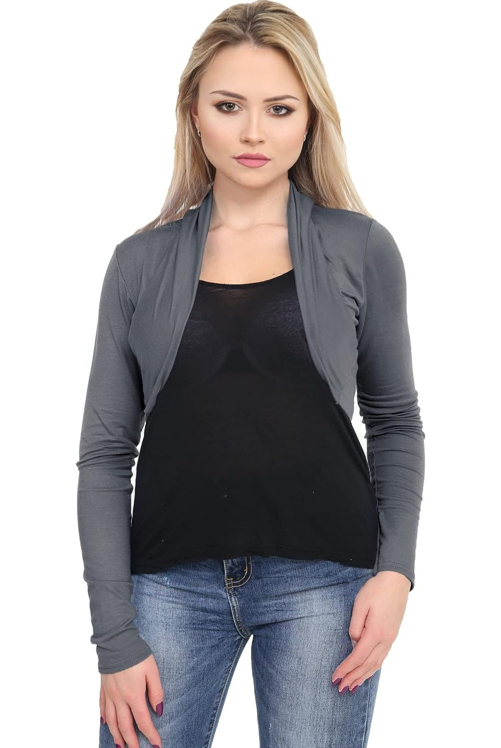 Plus Size Long Sleeve Crop Bolero Shrug Tops WearAll Dark grey 16-18