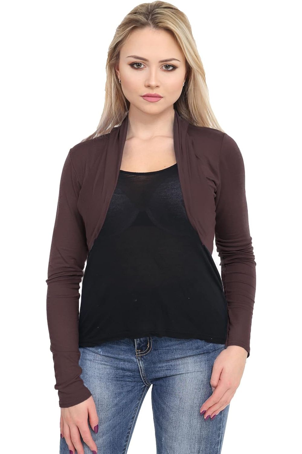 Long Sleeve Crop Bolero Shrug Tops WearAll Dark Brown 8-10
