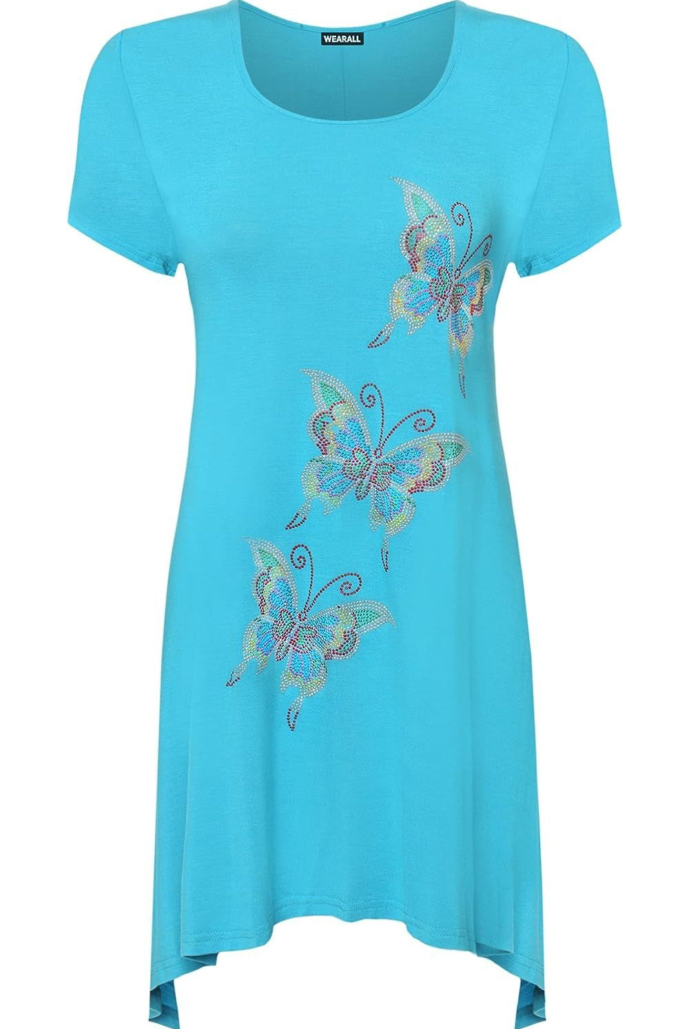 Three Butterfly Hanky Hem Short Sleeve Top Apparel & Accessories WearAll Turquoise 14